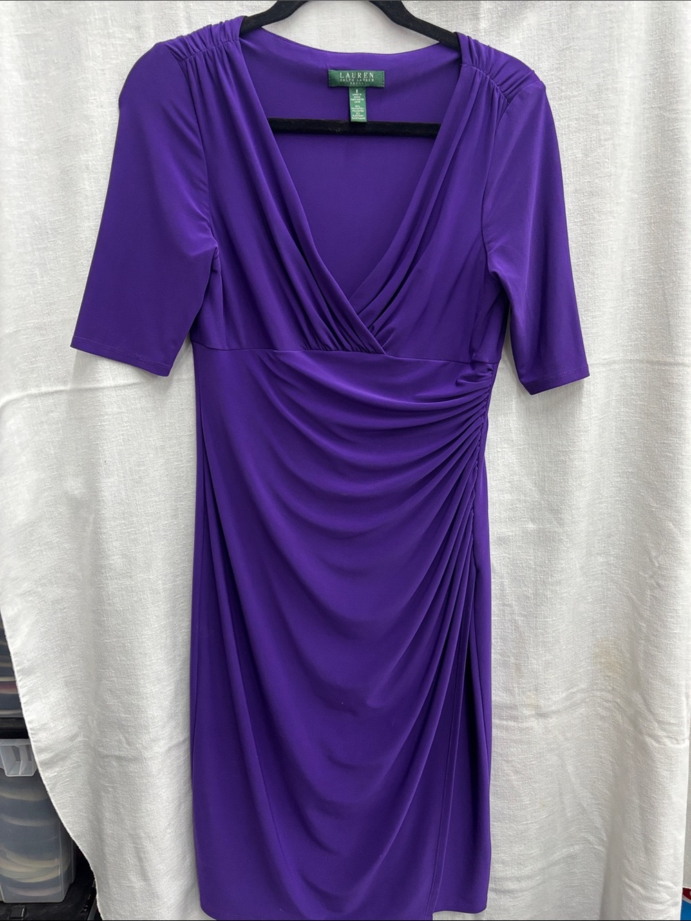Lauren Ralph Lauren Vibrant Purple Ruched V-Neck Midi Dress